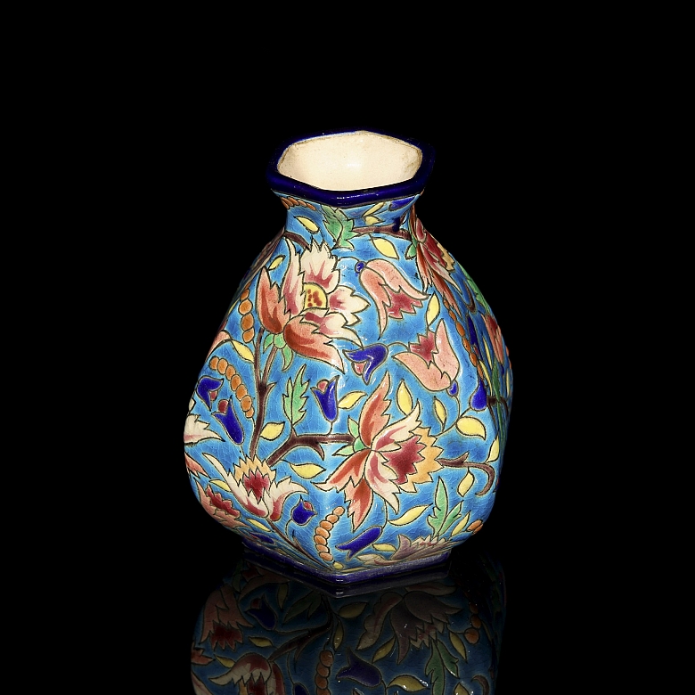 Longwy, hexagonal glazed ceramic vase, early 20th century