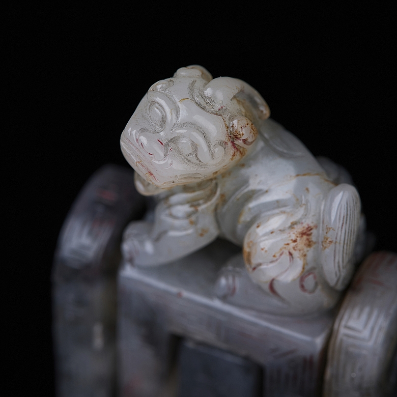 Sello triple de jade tallado y articulado, dinastía Qing