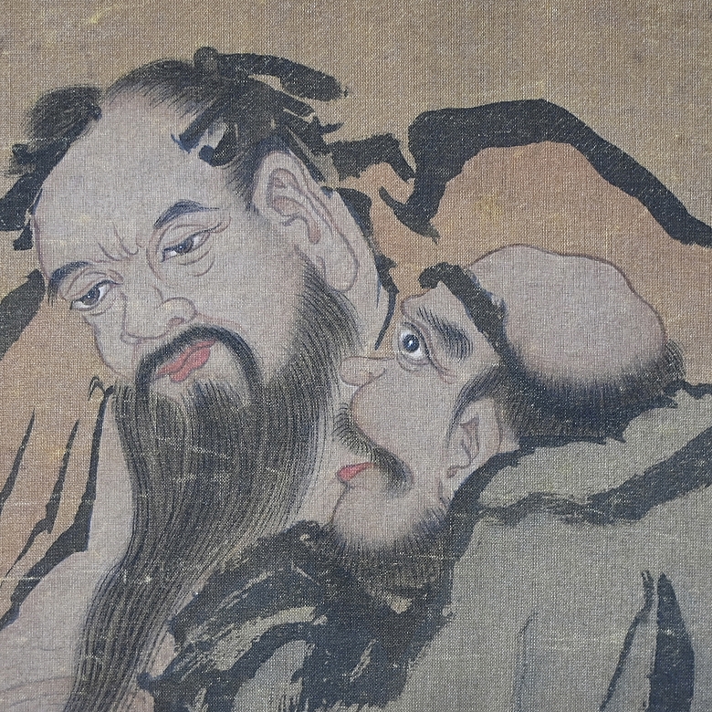 Pintura china “Tres inmortales”, con firma Huang Shen