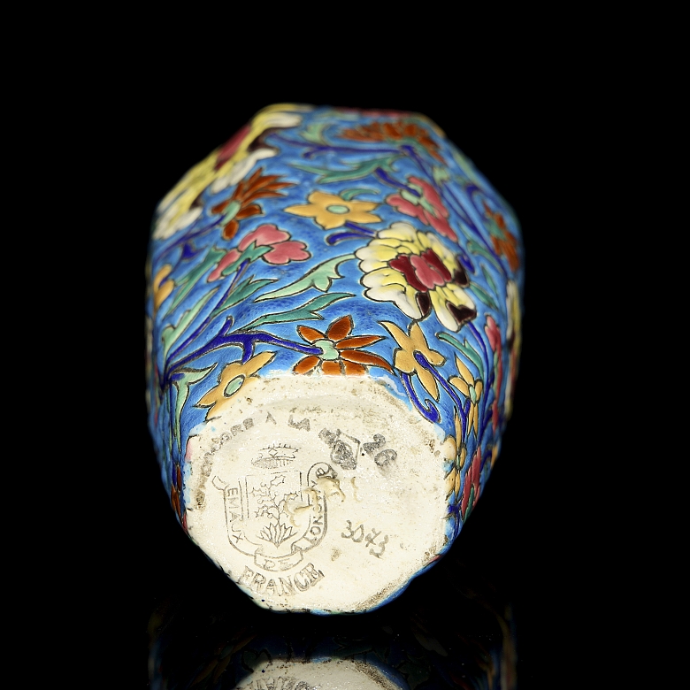 Longwy, hexagonal ceramic vase ‘Flowers’, early 20th century