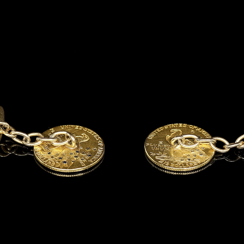 Gemelos de oro de 18 kt con monedas estadounidenses y gemas de colores