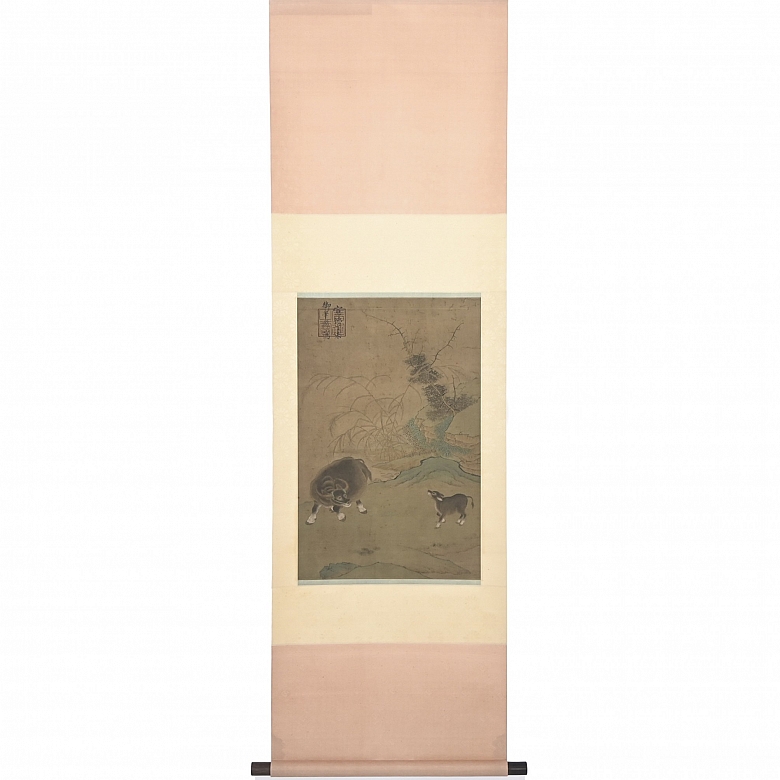 Pintura china “Buey y ternero en paisaje”, con sello Xuande