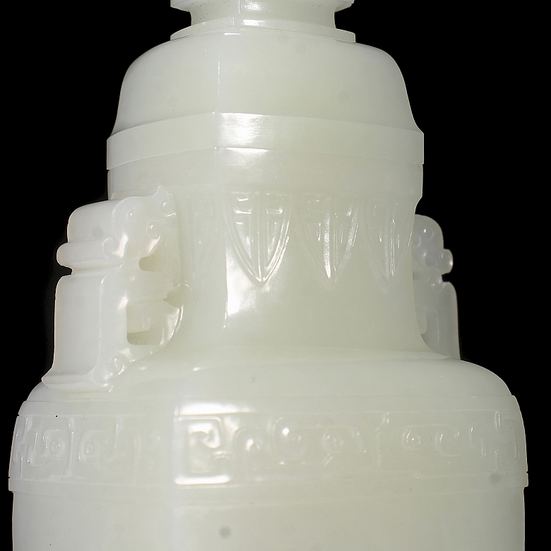 Hetian white jade vase ‘Masks’, Qing dynasty