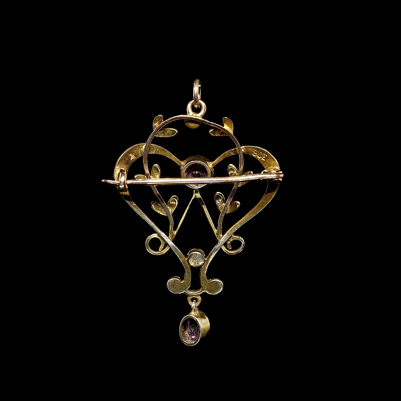 Broche eduardino de oro con perlas y rubíes 
