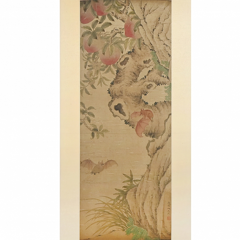 Chinese painting “Bats and Peaches,” signed Wang Wu