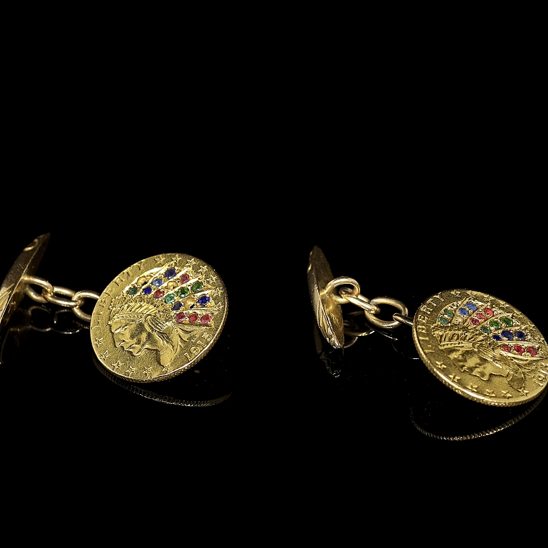 Gemelos de oro de 18 kt con monedas estadounidenses y gemas de colores