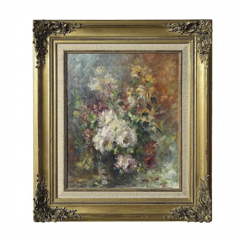 20世纪西班牙画派《花瓶与鲜花》