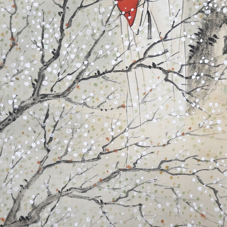 Pintura china “Dama entre ciruelos en flor”, con sello Guan Pinhu