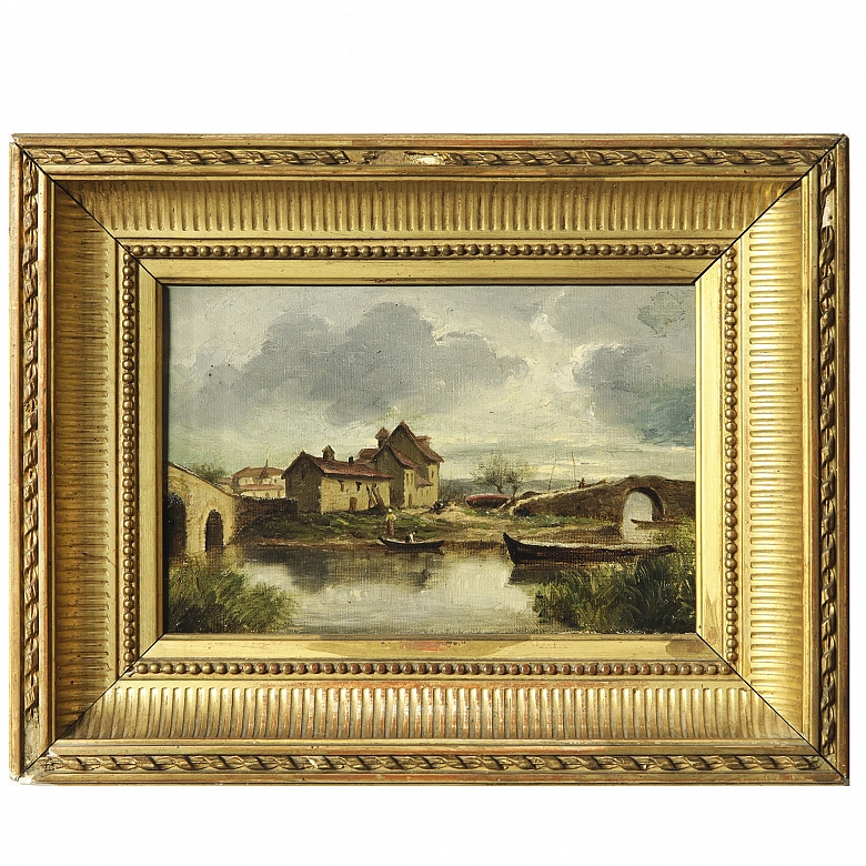 19th-20th century French school ‘Village near two bridges’