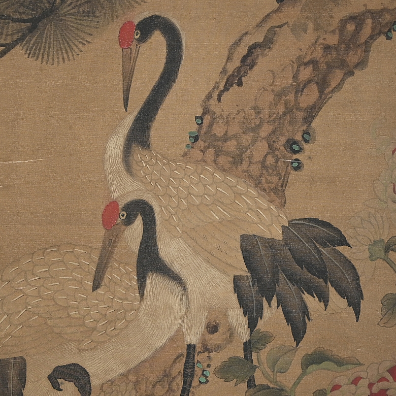 Chinese painting ‘Cranes with Flowers and Pine Tree’, signed Zhou Zhimian