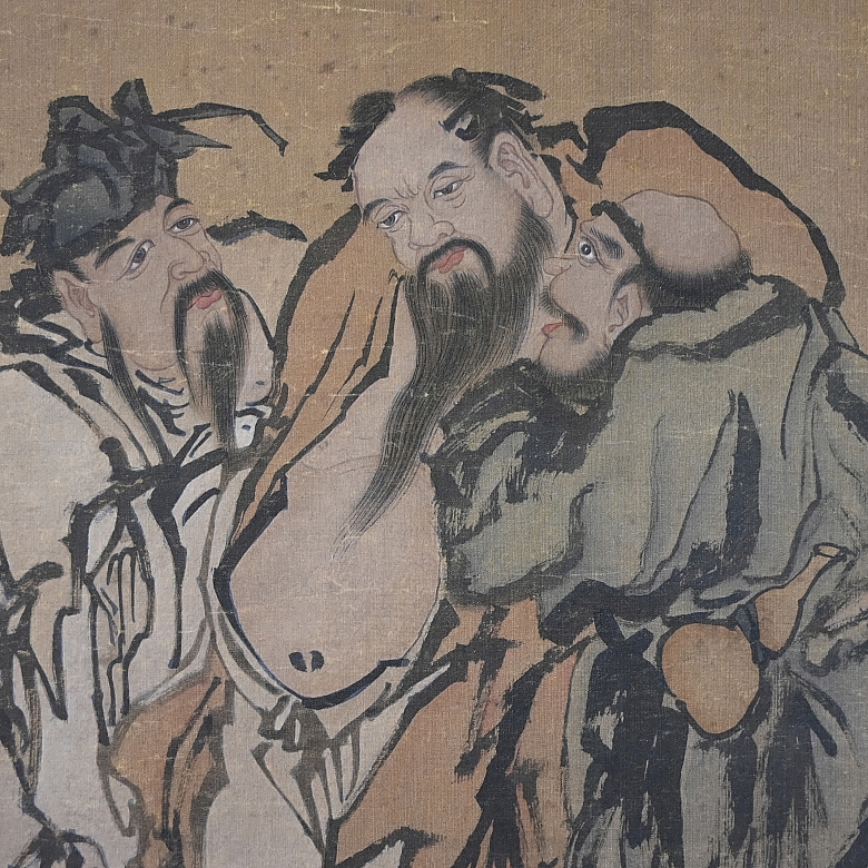 Pintura china “Tres inmortales”, con firma Huang Shen - 3