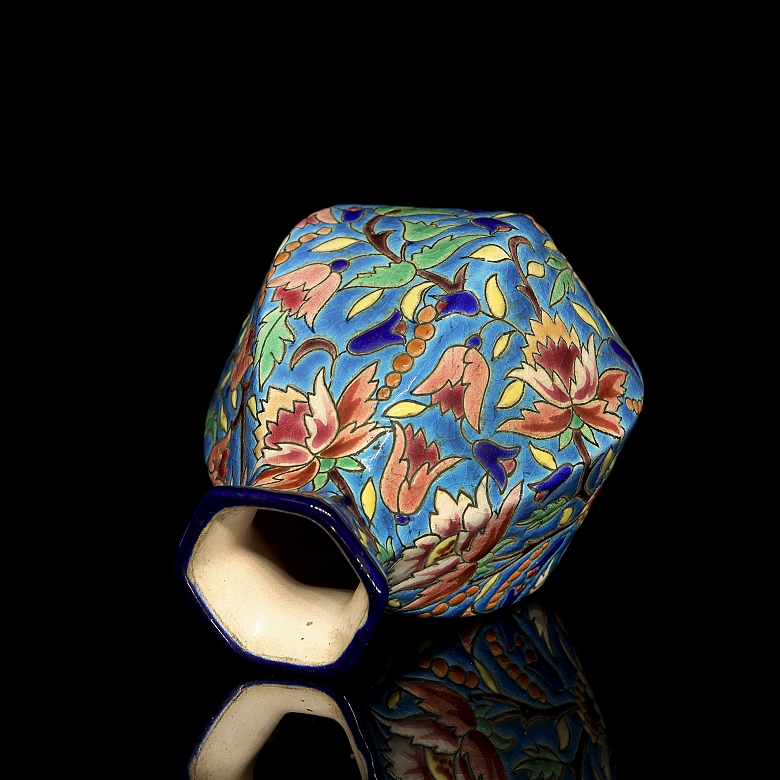 Longwy, hexagonal glazed ceramic vase, early 20th century