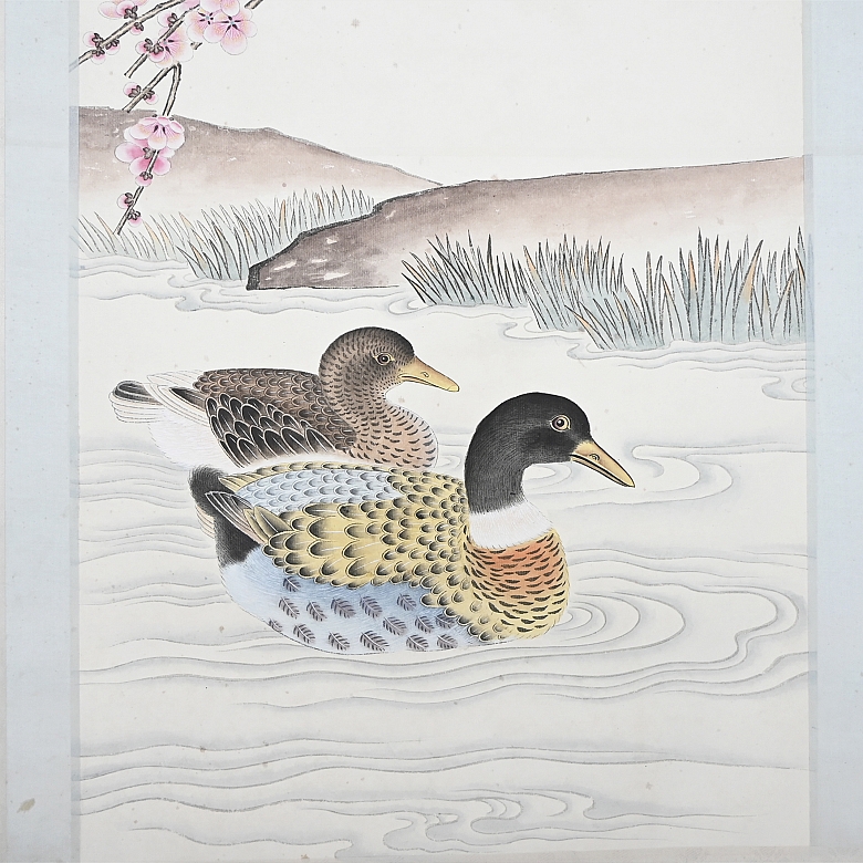 Chinese painting “Pair of ducks under a blossoming plum tree,” signed Yu Fei'an