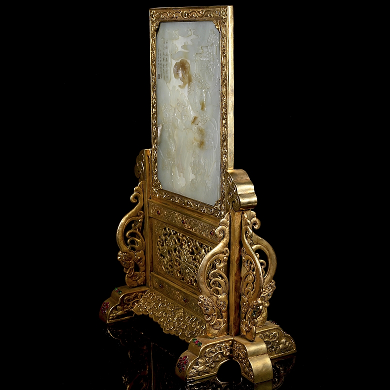 Panel de jade blanco y bronce dorado