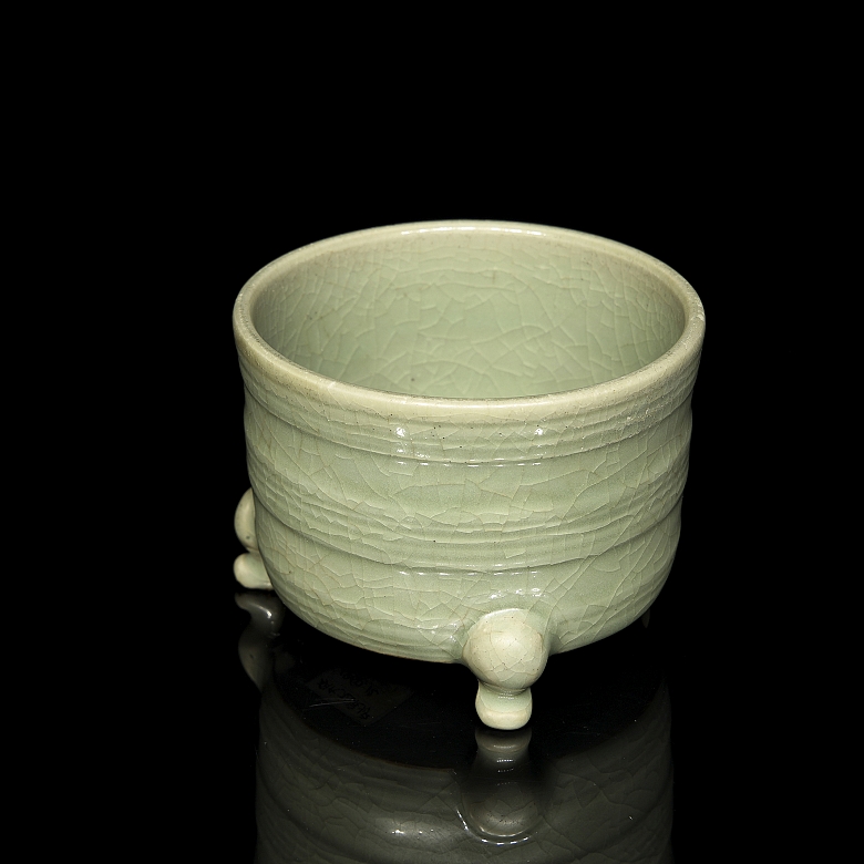 Recipiente trípode de cerámica con vidriado celadón, estilo Ge yao - 3