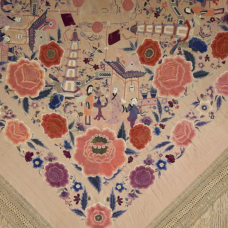 Mantón de Manila bordado con decoración Chinoiserie, s. XX
