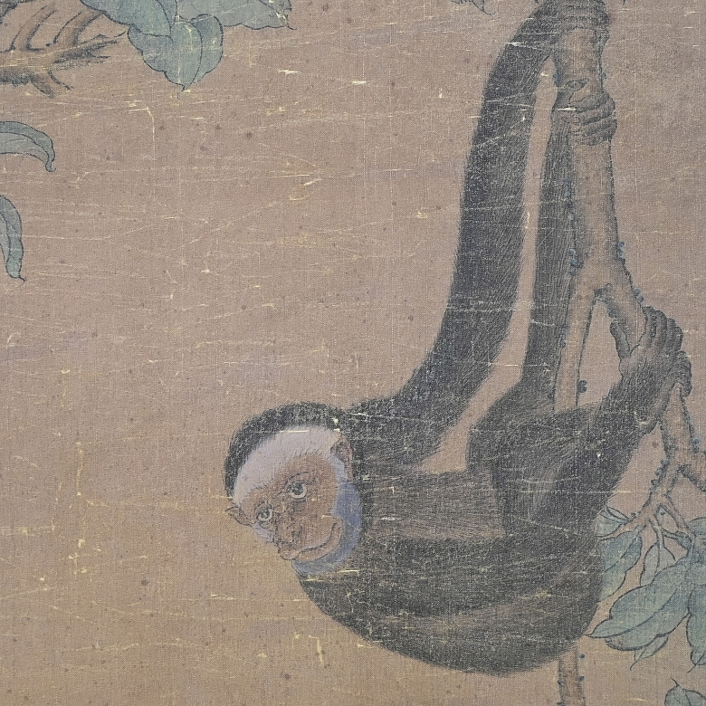 Pintura china “Monos entre ramas”, con sello Shen Zhenlin