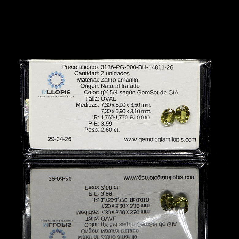 Pareja de zafiros amarillos naturales, 2,60 ct
