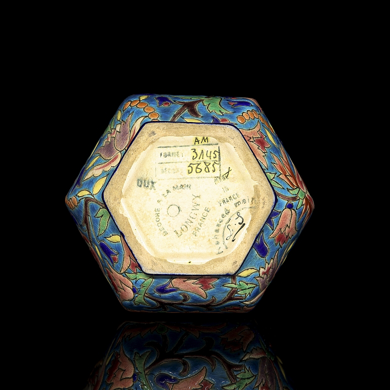 Longwy, hexagonal glazed ceramic vase, early 20th century