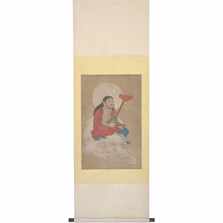 Pintura china “Deidad sobre elefante blanco”, con firma Jin Kun