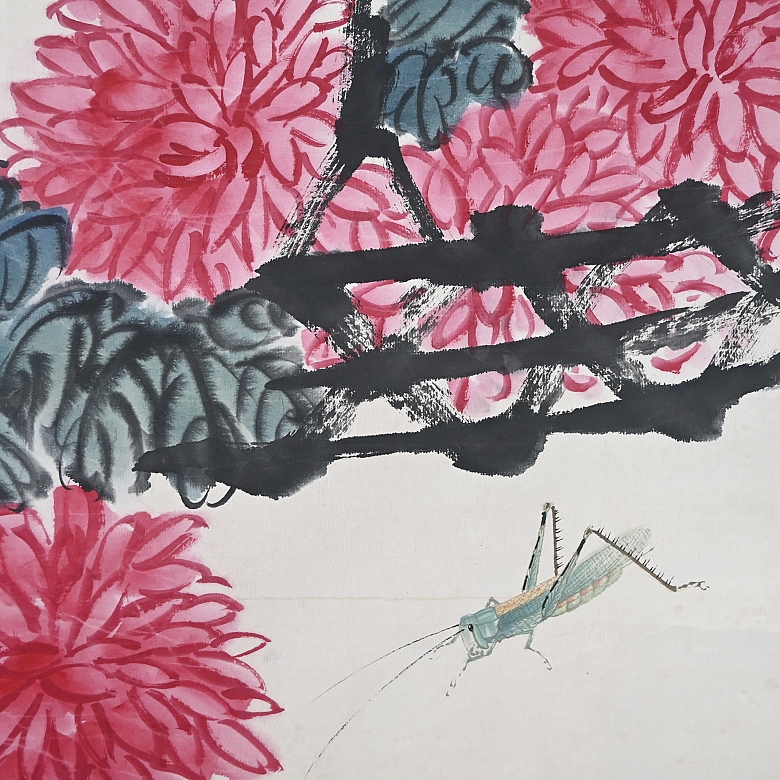 Chinese painting “Chrysanthemums and stone rock,” signed Qi Baishi