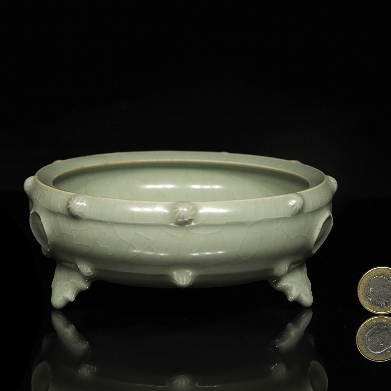 Incensario trípode de cerámica con esmalte celadón, estilo Song