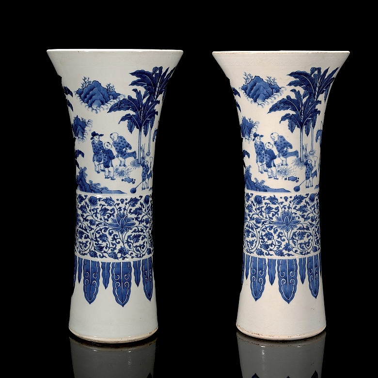 Pair of Gu vases, ‘Scenes and Flowers’, Qing dynasty