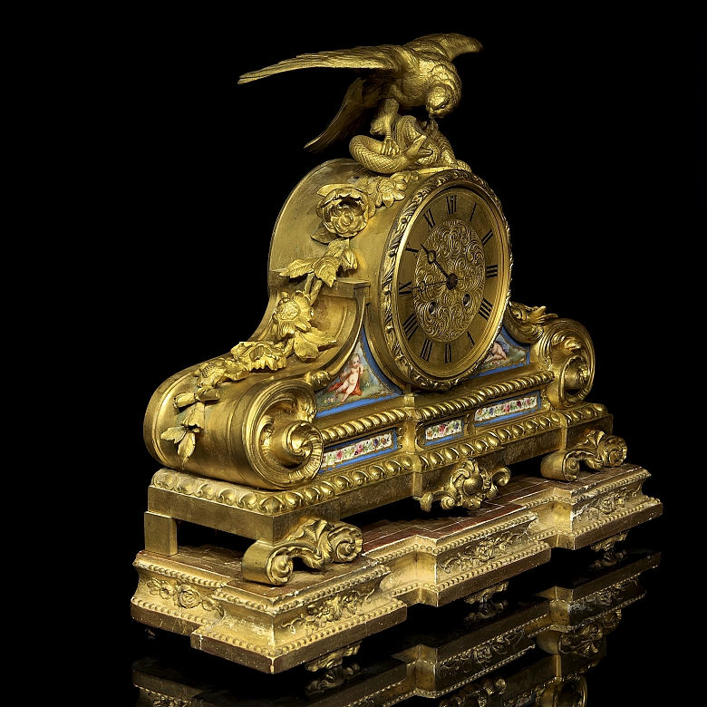 Mantel clock in bronze and porcelain, France, 19th century.
