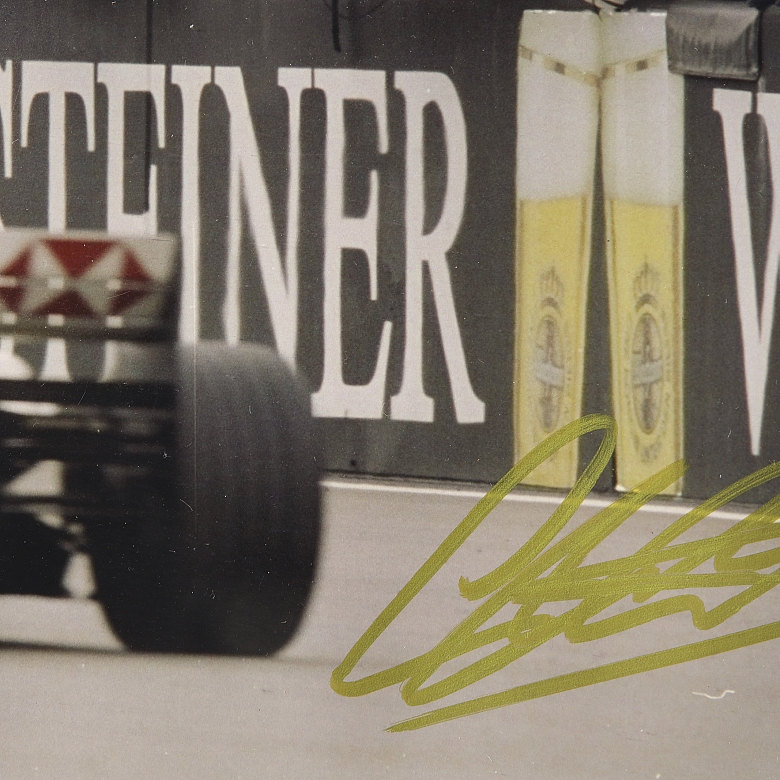 Photograph signed by Johnny Herbert celebrating victory, 1999 - 2