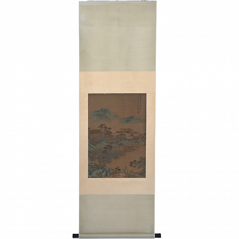 Chinese painting ‘Landscape with horsemen’, signed Wen Boren