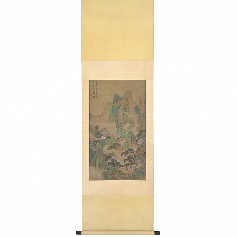 Pintura china “Pueblo entre montañas”, con firma Li Shida