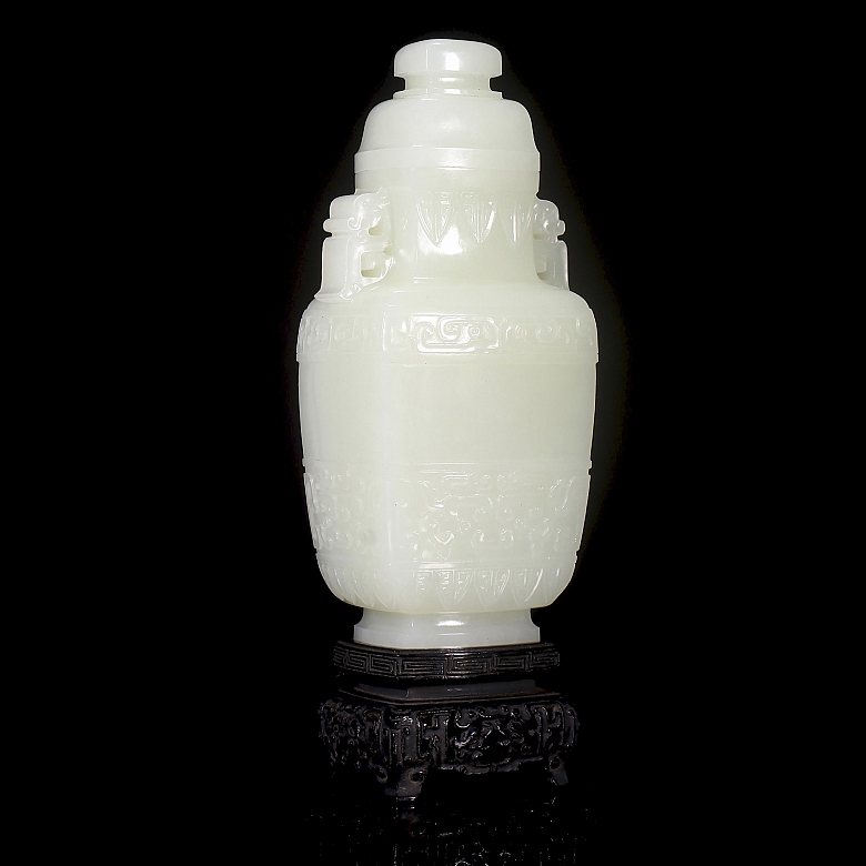 Hetian white jade vase ‘Masks’, Qing dynasty