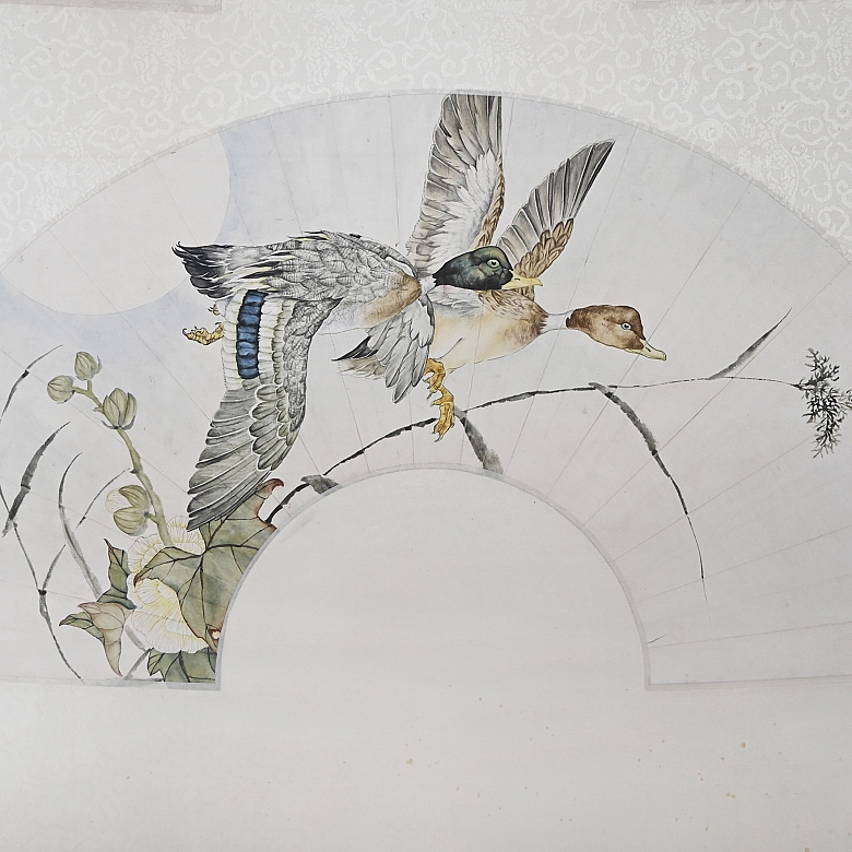 Chinese fan painting “Ducks Among Lotus Flowers,” signed Liu Kuiling