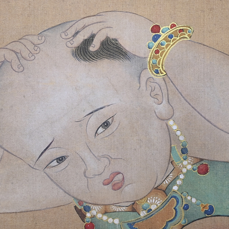 Pintura china “Niños con granada y sapo”, con firma Yao Wenhan