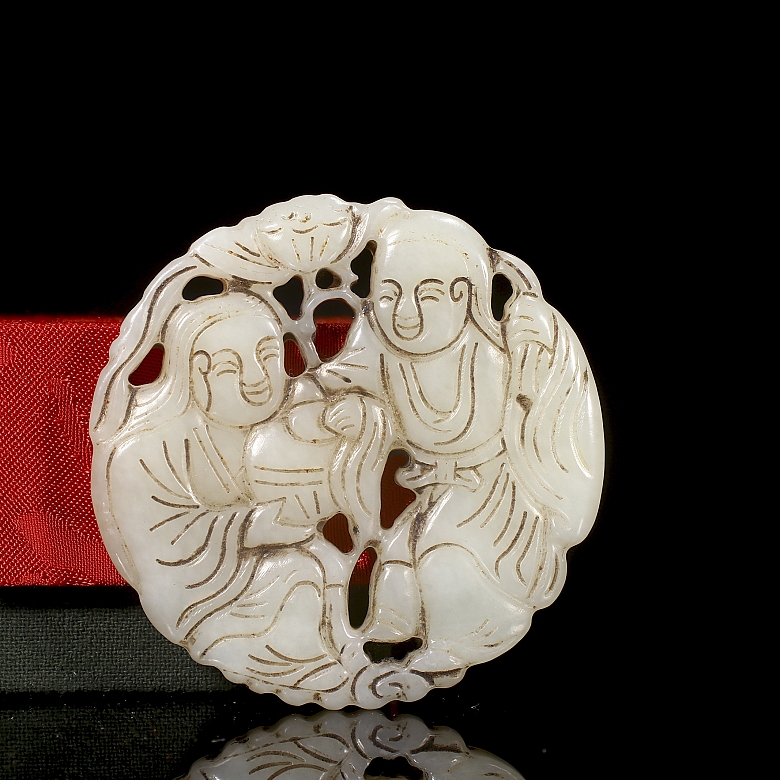 Pair of white jade pendants, ‘Characters with lotus’, Qing dynasty