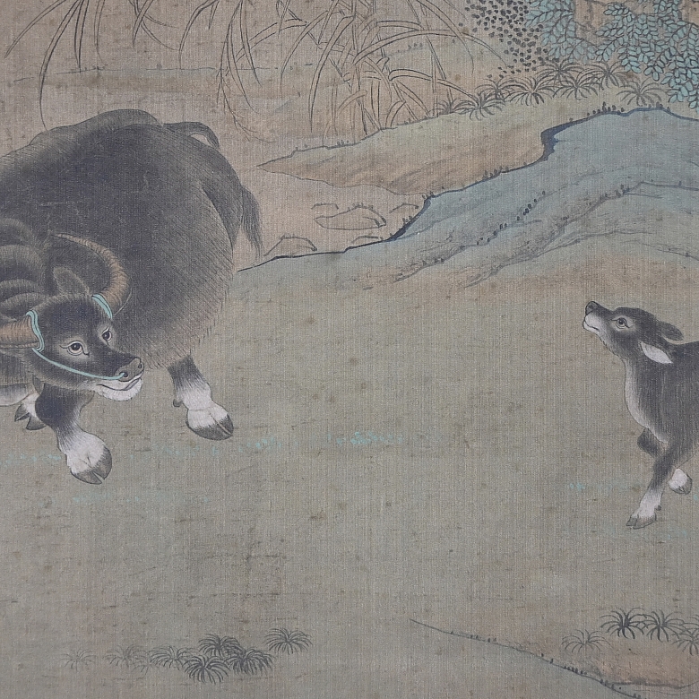 Chinese painting ‘Ox and calf in landscape,’ with Xuande seal
