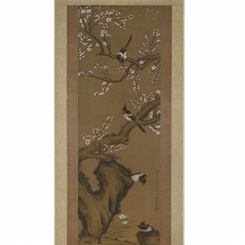 Chinese painting ‘Magpies on a Plum Tree in Bloom’, signed Chen Mei