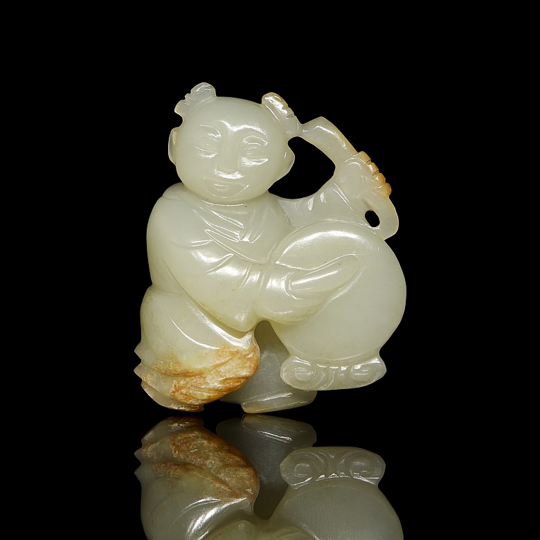 Carved jade figure, ‘Boy with Drum’, Qing dynasty
