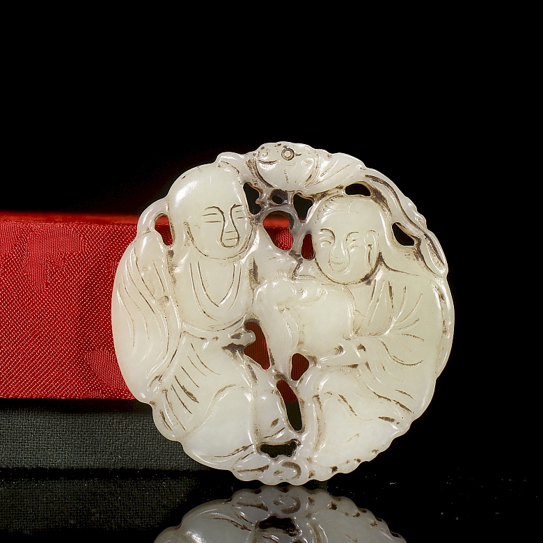 Pair of white jade pendants, ‘Characters with lotus’, Qing dynasty