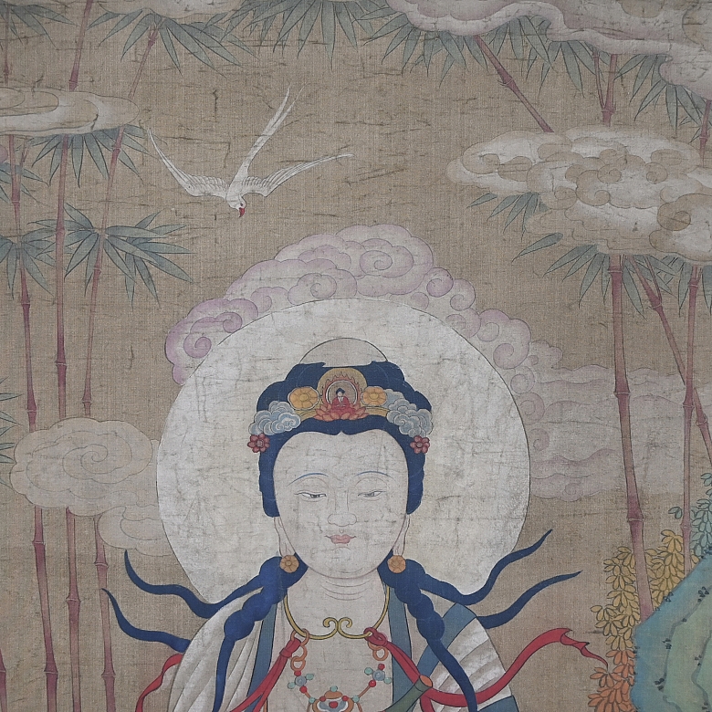 Chinese painting ‘Guanyin on a celestial lion’, signed Jin Liying