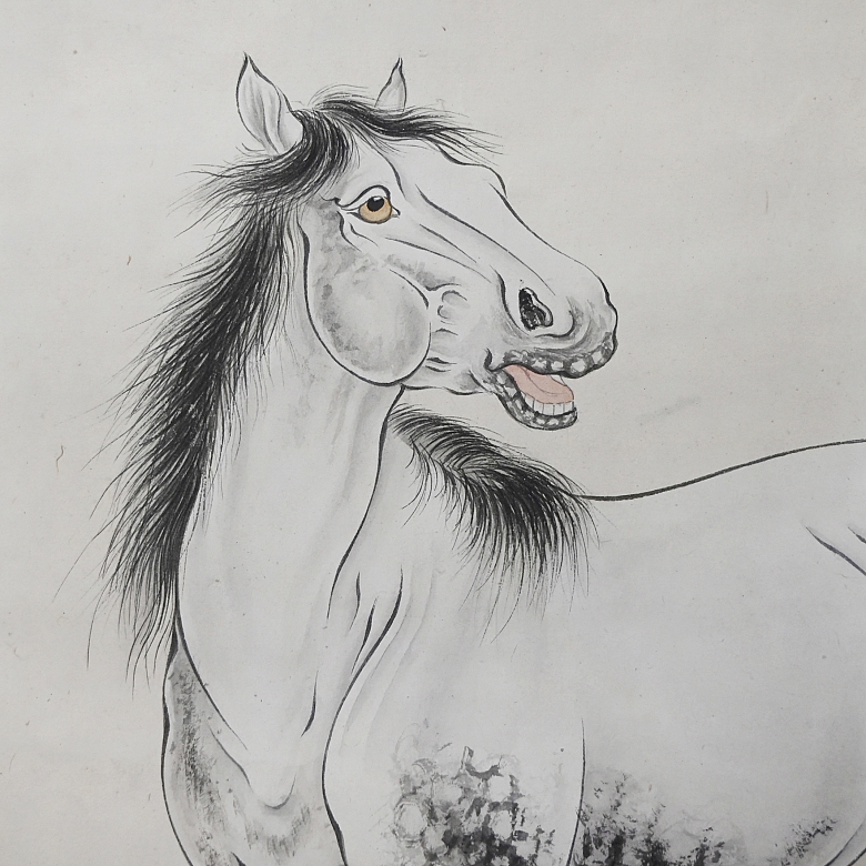 Pintura china “Caballo”, con firma Pu Zuo