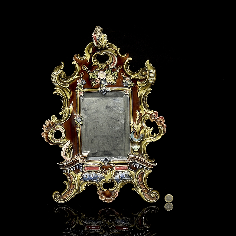 Baroque-style table mirror in bronze and porcelain, 19th century