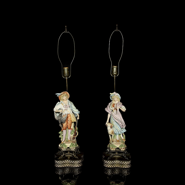 Pareja de lámparas de sobremesa estilo Meissen, s.XIX-XX