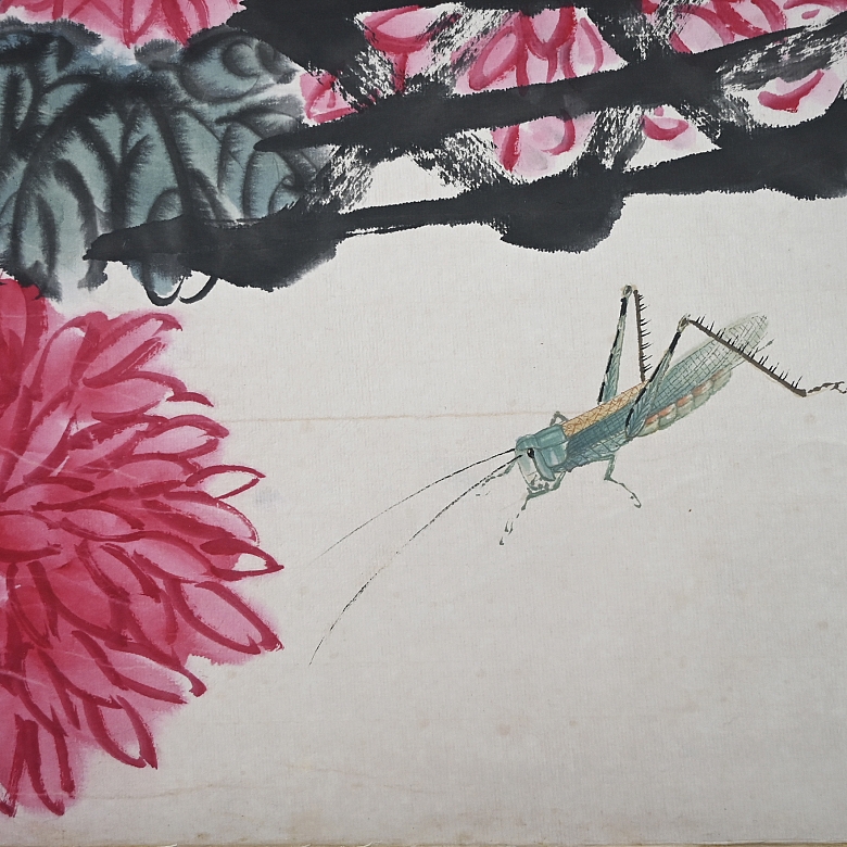 Chinese painting “Chrysanthemums and stone rock,” signed Qi Baishi