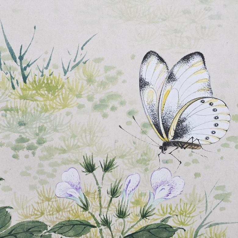 Chinese painting “Butterflies on flowers,” signed Lu Xiaoman