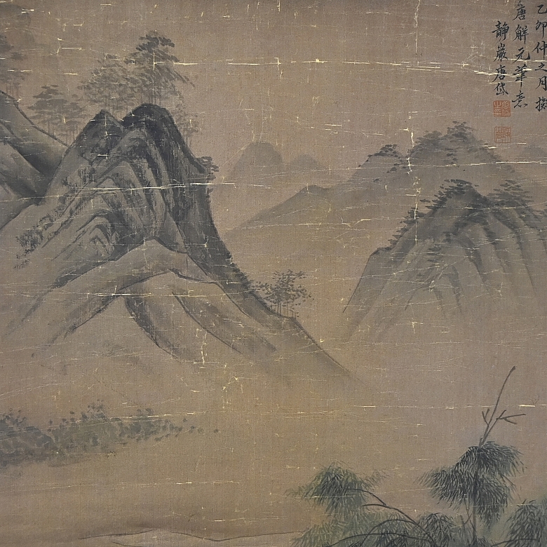 Chinese painting “Scholar by the River,” signed Tang Dai