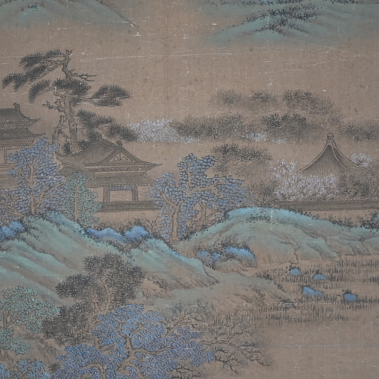 Chinese painting ‘Landscape with horsemen’, signed Wen Boren