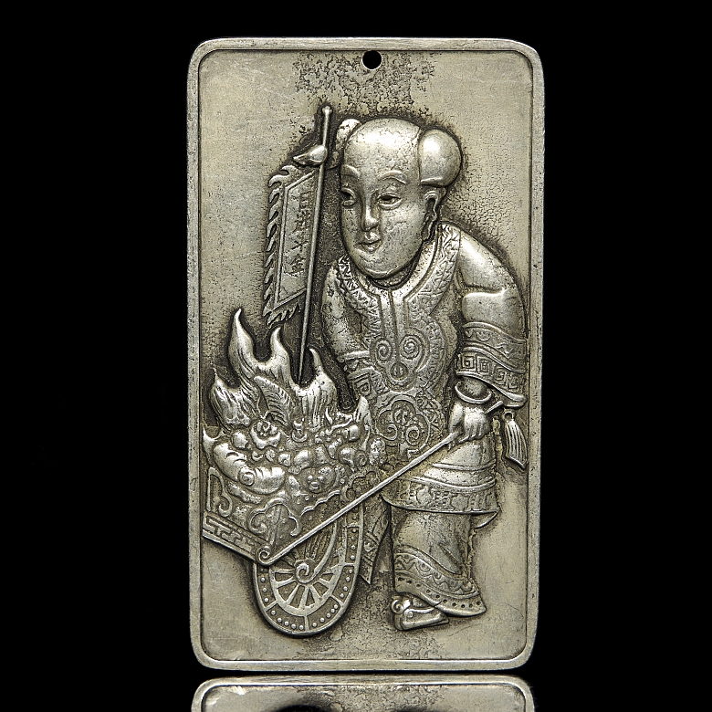 Pair of silver metal plaques, ‘Characters’, 20th century