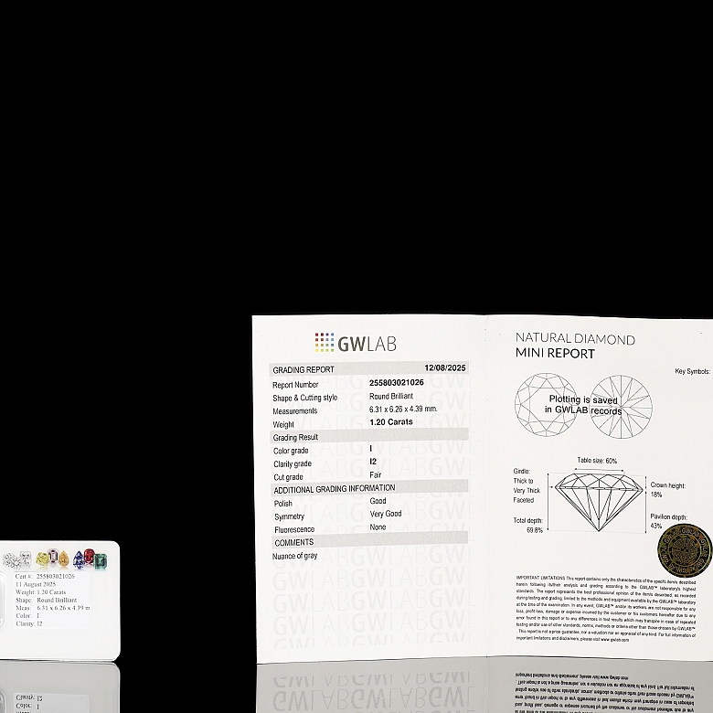 Diamante talla brillante de 1,20 ct con certificado GWLAB