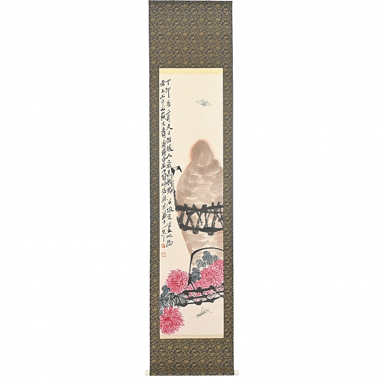 Chinese painting “Chrysanthemums and stone rock,” signed Qi Baishi